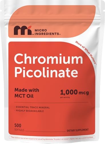 Micro Ingredients Picolinato de Cromo 1,000 mcg por Porción, 500 Softgels, Suplemento Mineral Esencial con Aceite MCT, No GMO - imagen 1