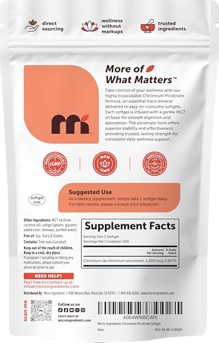 Micro Ingredients Picolinato de Cromo 1,000 mcg por Porción, 500 Softgels, Suplemento Mineral Esencial con Aceite MCT, No GMO - imagen 6