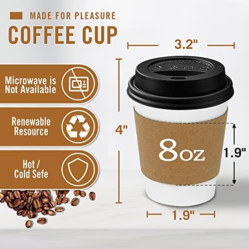 Paquete de 100 Tazas Desechables Ginkgo de 8 oz con Tapa y Manga, Ideal para Bebidas Calientes como Café, Chocolate y Cocoa - imagen 4