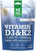 HiPlus Vitamina D3 10,000 UI + K2 200 mcg, 300 Softgels | Aceite de Coco | Soporte 2 en 1 para Huesos, Inmunidad y Corazón | Fáciles de Tragar, No OGM - imagen 1