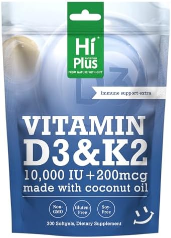 HiPlus Vitamina D3 10,000 UI + K2 200 mcg, 300 Softgels | Aceite de Coco | Soporte 2 en 1 para Huesos, Inmunidad y Corazón | Fáciles de Tragar, No OGM - imagen 1