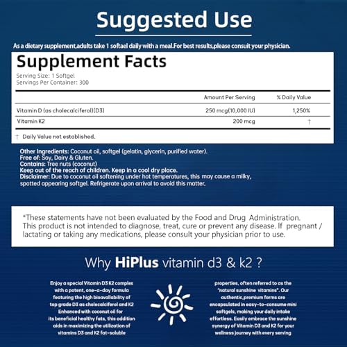 HiPlus Vitamina D3 10,000 UI + K2 200 mcg, 300 Softgels | Aceite de Coco | Soporte 2 en 1 para Huesos, Inmunidad y Corazón | Fáciles de Tragar, No OGM - imagen 2