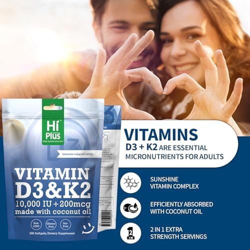 HiPlus Vitamina D3 10,000 UI + K2 200 mcg, 300 Softgels | Aceite de Coco | Soporte 2 en 1 para Huesos, Inmunidad y Corazón | Fáciles de Tragar, No OGM - imagen 3