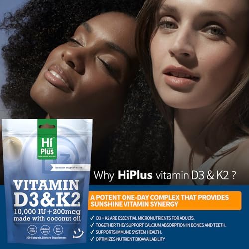 HiPlus Vitamina D3 10,000 UI + K2 200 mcg, 300 Softgels | Aceite de Coco | Soporte 2 en 1 para Huesos, Inmunidad y Corazón | Fáciles de Tragar, No OGM - imagen 4