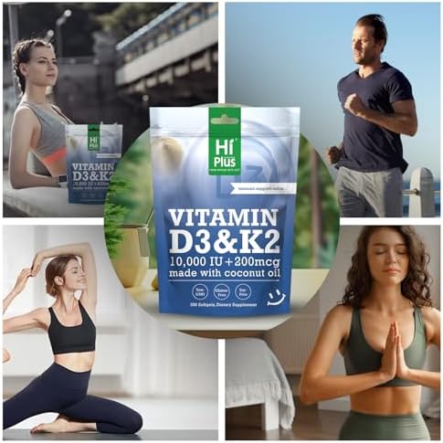 HiPlus Vitamina D3 10,000 UI + K2 200 mcg, 300 Softgels | Aceite de Coco | Soporte 2 en 1 para Huesos, Inmunidad y Corazón | Fáciles de Tragar, No OGM - imagen 5