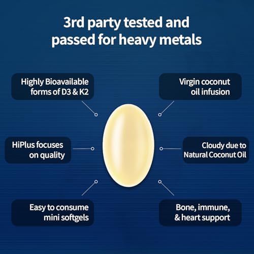 HiPlus Vitamina D3 10,000 UI + K2 200 mcg, 300 Softgels | Aceite de Coco | Soporte 2 en 1 para Huesos, Inmunidad y Corazón | Fáciles de Tragar, No OGM - imagen 6