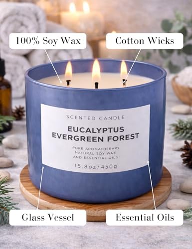 Vela Aromática de Soja Eucalipto Bosque Verde de 3 Mechas | 15.8 oz | Aroma Fresco de Abeto | Larga Duración y Limpia | Ideal para Regalo - imagen 4
