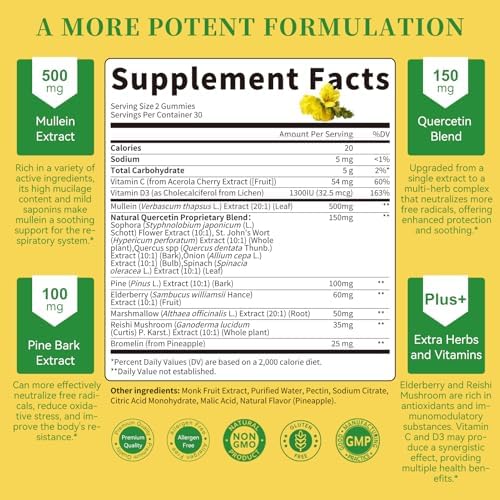 Paquete de 2 Mulas de 9 en 1 para Limpieza Pulmonar y Drenaje Linfático, Extracto de Hoja de Mullein Extra Fuerte con Quercetina, Bromelina, Saúco y - imagen 2