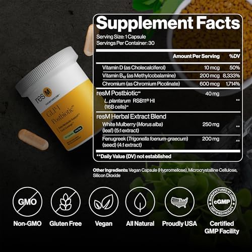 resM GLP-1 Postbiótico - Suplemento Activador GLP 1 para Hombres y Mujeres, Vitaminas Veganas para la Salud Intestinal, 30 Cápsulas Vegetarianas - imagen 3