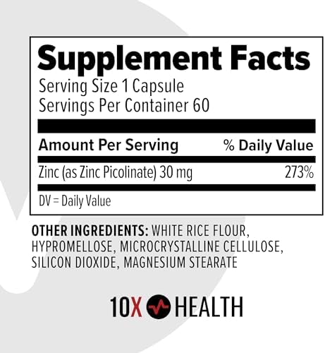 Suplementos de Zinc 10X Health - 30mg de Zinc para Síntesis de ADN y Proteínas, Bienestar General y Soporte Inmunológico - Vitaminas Altamente - imagen 2