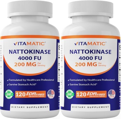 Suplemento de Nattokinase Vitamatic 2 Paquetes 4,000 FU, 120 Cápsulas de Liberación Retardada - Resistente a Ácidos Estomacales - Sin OGM y Sin - imagen 1
