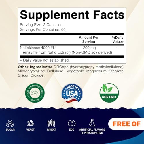 Suplemento de Nattokinase Vitamatic 2 Paquetes 4,000 FU, 120 Cápsulas de Liberación Retardada - Resistente a Ácidos Estomacales - Sin OGM y Sin - imagen 2