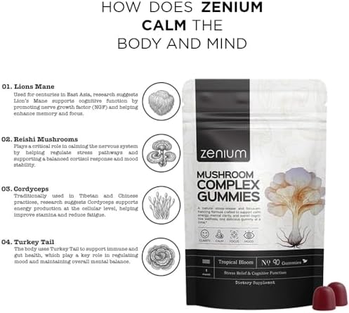 Zenium - Complejo de Hongos 90 Gomas de 5000mg de Melena de León, 1000mg de Reishi, Cordyceps y Más | Alivio de Tensión, Preocupación e Irritabilidad - imagen 4