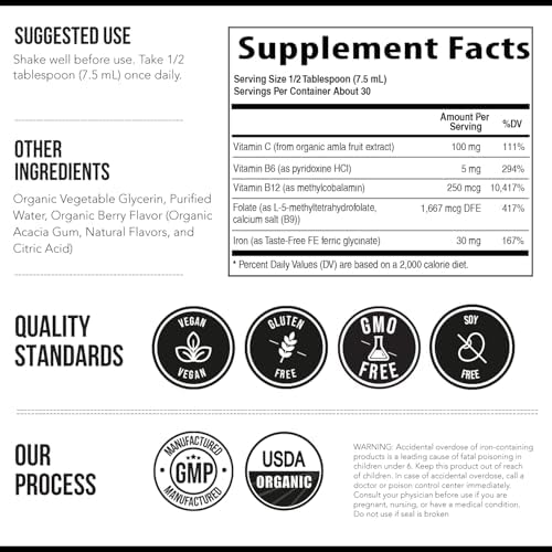 Suplemento de Hierro Líquido | Orgánico Certificado, Sabor a Baya - Aumenta la Absorción de Vitamina C y Vitaminas B para la Sangre - Methyl B12, - imagen 7