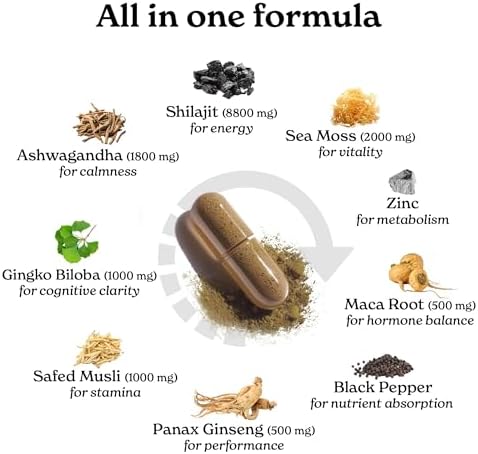 Suplemento Herbal Todo en Uno para Hombres y Mujeres: 8800mg de Shilajit, Maca, Ginkgo Biloba, Musgo Marino, Ashwagandha, Ginseng Panax, Safed Musli - imagen 3