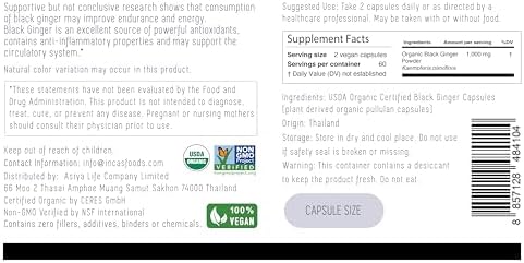 Jengibre Negro Tailandés Orgánico INCAS para Hombres 120 Cápsulas Veganas 500mg Verificadas No GMO | r y Único Kaempferia Parviflora Certificado - imagen 2