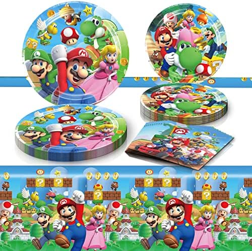 Suministros de Fiesta de Cumpleaños de Mario, 20 Platos, 20 Servilletas y 1 Mantel para Decoraciones de Fiesta Temática de Mario - imagen 1