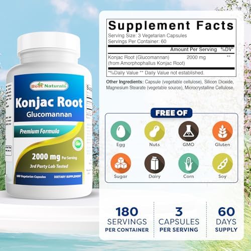 Best Naturals Paquete de 2 Konjac Glucomannan Raíz 2000 mg por Porción - 180 Cápsulas Vegetarianas - imagen 2