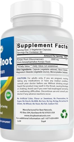 Best Naturals Paquete de 2 Konjac Glucomannan Raíz 2000 mg por Porción - 180 Cápsulas Vegetarianas - imagen 6