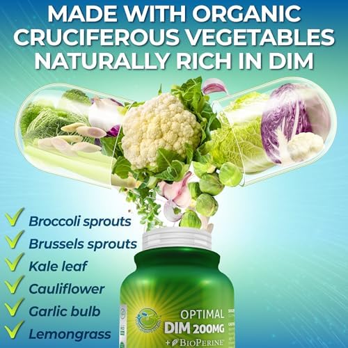 Suplemento Optimal DIM 200mg para Hombres y Mujeres - Hecho con Alimentos Orgánicos - Apoyo al Equilibrio de Estrógenos y Hormonas - Cápsulas de - imagen 4