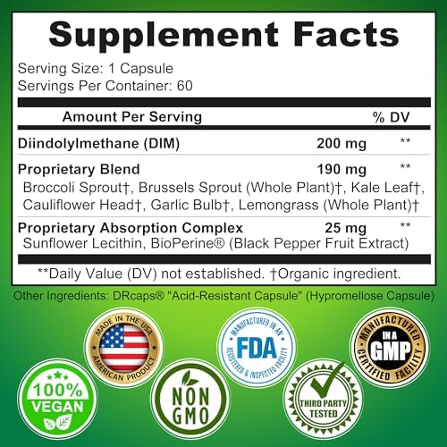 Suplemento Optimal DIM 200mg para Hombres y Mujeres - Hecho con Alimentos Orgánicos - Apoyo al Equilibrio de Estrógenos y Hormonas - Cápsulas de - imagen 6