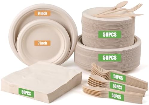 Juego de 300 Platos de Papel BSDPREF para Fiestas, Desechables y Ecológicos, Sirve hasta 50 Invitados, Incluye Cubiertos de Bagazo - imagen 1