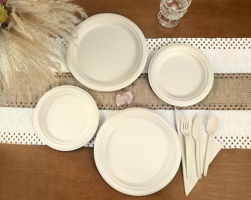 Juego de 300 Platos de Papel BSDPREF para Fiestas, Desechables y Ecológicos, Sirve hasta 50 Invitados, Incluye Cubiertos de Bagazo - imagen 6