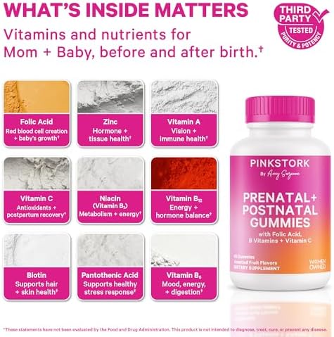 Vitaminas Gummy Pink Stork para Fertilidad, Prenatal y Postnatal – Soporte Completo para la Maternidad – Multivitamínico con Ácido Fólico, Vitaminas - imagen 2