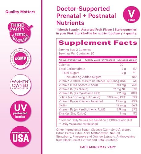 Vitaminas Gummy Pink Stork para Fertilidad, Prenatal y Postnatal – Soporte Completo para la Maternidad – Multivitamínico con Ácido Fólico, Vitaminas - imagen 6