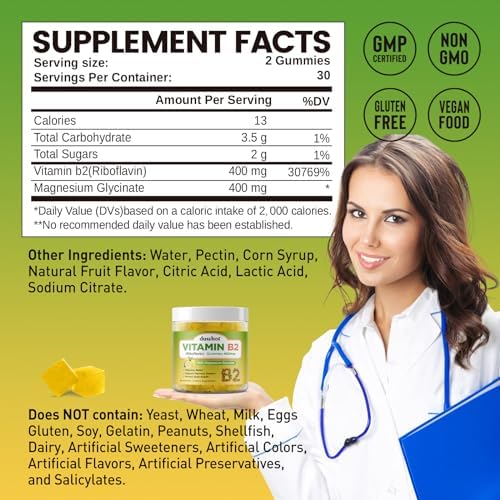 Gomitas de Vitamina B2 duwhot con Magnesio - Riboflavina 400mg para Alivio de Migrañas y Dolores de Cabeza, Veganas, 60 Gomas Masticables - imagen 2