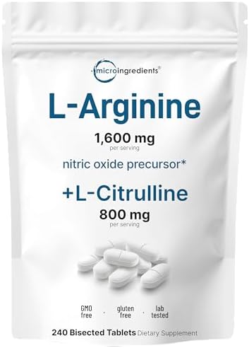 Suplemento de Óxido Nítrico L-Arginina 1,600mg para Hombres con L-Citrulina, 240 Tabletas Bisectadas | Apoyo Muscular, Energía y Corazón | Sin OGM, - imagen 1