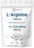 Suplemento de Óxido Nítrico L-Arginina 1,600mg para Hombres con L-Citrulina, 240 Tabletas Bisectadas | Apoyo Muscular, Energía y Corazón | Sin OGM, - imagen 1