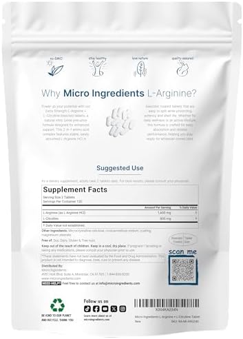 Suplemento de Óxido Nítrico L-Arginina 1,600mg para Hombres con L-Citrulina, 240 Tabletas Bisectadas | Apoyo Muscular, Energía y Corazón | Sin OGM, - imagen 2