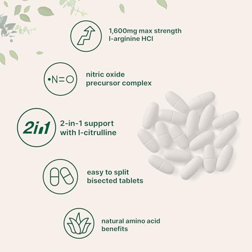 Suplemento de Óxido Nítrico L-Arginina 1,600mg para Hombres con L-Citrulina, 240 Tabletas Bisectadas | Apoyo Muscular, Energía y Corazón | Sin OGM, - imagen 3