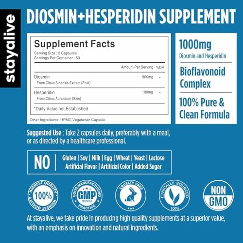 Suplemento de Diosmina y Hesperidina STAY ALIVE 1000mg, 120 Cápsulas, Extracto de Frutas Ricas en Bioflavonoides, 100% Vegetariano, No GMO y Sin - imagen 2