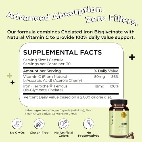 Suplemento de Hierro Future Kind para Mujeres y Hombres, Energía y Enfoque Diario, Hierro Bisglicinato Quelado 18mg, 100% DV con Vitamina C - Suave - imagen 5