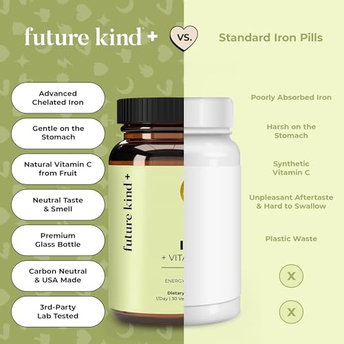 Suplemento de Hierro Future Kind para Mujeres y Hombres, Energía y Enfoque Diario, Hierro Bisglicinato Quelado 18mg, 100% DV con Vitamina C - Suave - imagen 6