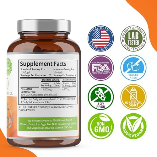 Suplementos CLA Purity Labs 4500MG - Aceite de cártamo No GMO - Apoya Energía, Pérdida de Peso, Salud Cardiaca y Muscular - 180 Cápsulas Blandas - imagen 3
