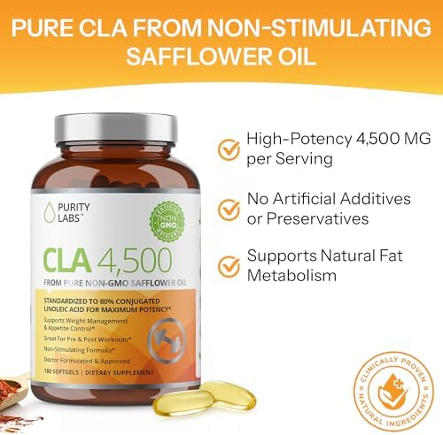 Suplementos CLA Purity Labs 4500MG - Aceite de cártamo No GMO - Apoya Energía, Pérdida de Peso, Salud Cardiaca y Muscular - 180 Cápsulas Blandas - imagen 4