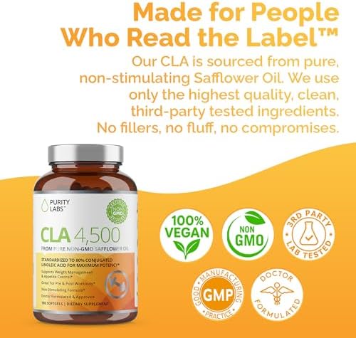 Suplementos CLA Purity Labs 4500MG - Aceite de cártamo No GMO - Apoya Energía, Pérdida de Peso, Salud Cardiaca y Muscular - 180 Cápsulas Blandas - imagen 7