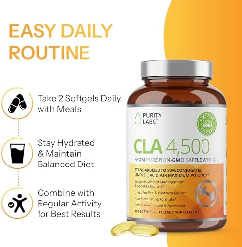 Suplementos CLA Purity Labs 4500MG - Aceite de cártamo No GMO - Apoya Energía, Pérdida de Peso, Salud Cardiaca y Muscular - 180 Cápsulas Blandas - imagen 8