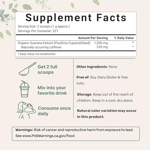 Polvo de Guaraná Orgánico Micro Ingredients 1,000mg por Porción, 8 Onzas | Energizante Natural de 220mg de Cafeína, Extracto Herbal Brasileño, - imagen 2