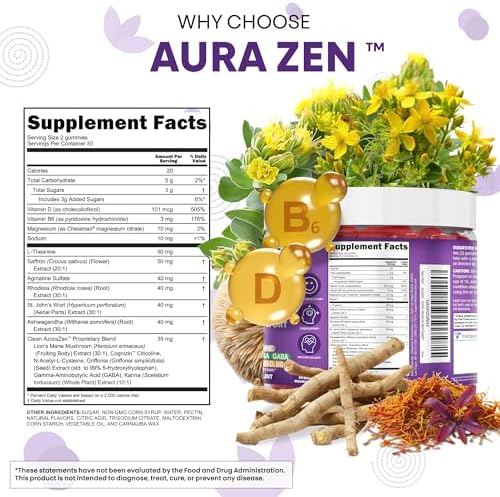 Gomitas AuraZen para el Ánimo con Azafrán, L-Teanina, Ashwagandha, Rhodiola, Hierba de San Juan, Melena de León, GABA, Vitamina D y Magnesio | - imagen 5