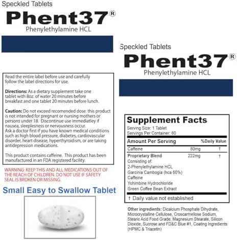 Phent37 (1 Botella - 60 Tabletas Moteadas) - Suplemento Nutracéutico de Feniletilamina HCL, Tabletas Pequeñas Blancas y Azules, Aumenta el - imagen 5