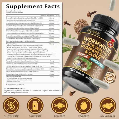 Limpieza de Ajenjo, Nogal Negro y Clavo para Humanos - Suplemento Natural para la Salud Digestiva con Semilla de Calabaza, Ajo, Orégano, Neem, - imagen 5