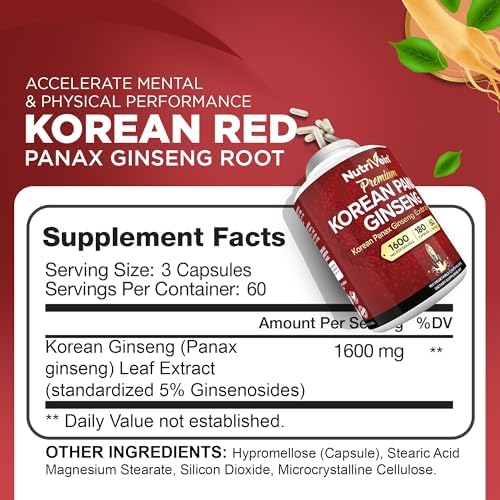 Nutrivein Ginseng Rojo Panax Coreano 1600mg – Fórmula de Fuerza Extra – 180 Cápsulas – Aumenta Energía, Enfoque Mental y Salud Inmunológica de Forma - imagen 2