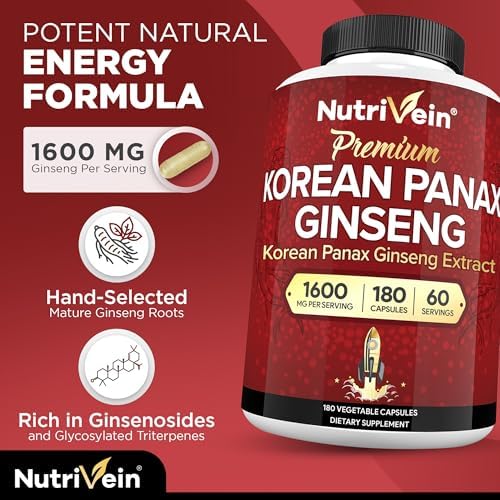 Nutrivein Ginseng Rojo Panax Coreano 1600mg – Fórmula de Fuerza Extra – 180 Cápsulas – Aumenta Energía, Enfoque Mental y Salud Inmunológica de Forma - imagen 7