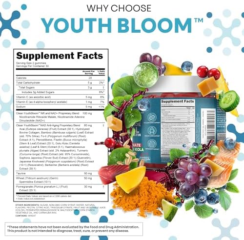 Gomitas Suplemento Juvenil Bloom NAD+ con Resveratrol, Fisetina, Germen de Trigo, Berberina, Taurina, Cúrcuma, Colágeno y más - 60 piezas de Clean - imagen 5