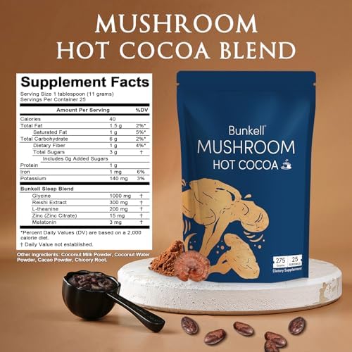 Cocoa Caliente Bunkell con Hongos Adaptógenos, Reishi, L-Theanina, Achicoria, Melatonina y Glicina, Suplemento para Sueño y Estrés, 25 Porciones - imagen 2