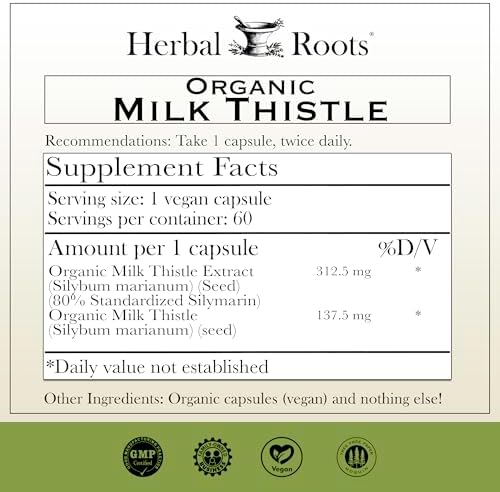 Cápsulas de Cardo Mariano Herbal Roots | Suplemento Herbal de Fuerza Extra 80% Silymarina | Hecho con Cardo Mariano Orgánico Puro | Vegano y Libre de - imagen 2